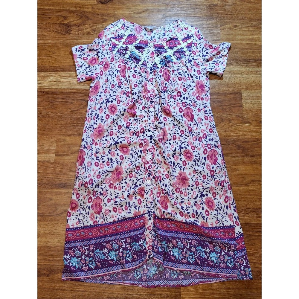 Aviier‎ Floral Nightgown Long Short Sleeve Cotton Blend Dress Chemise Gown L